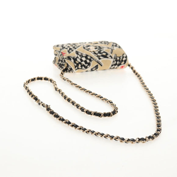 CHANEL Chain Checkered Flag Matelasse Bag Satin Beige Gold CC Auth 145708A