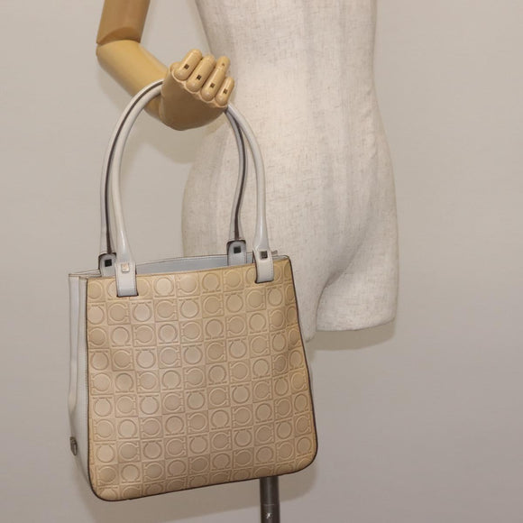 Salvatore Ferragamo Gancini Tote Bag Leather Beige Silver Auth 145755
