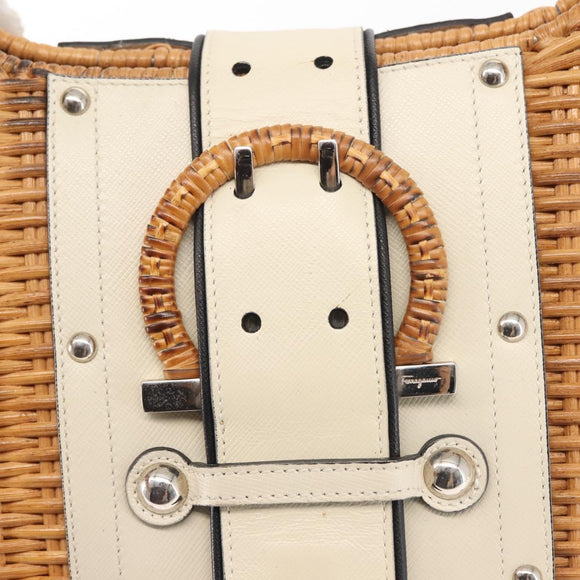 Salvatore Ferragamo Gancini Tote Bag Rattan Brown Silver Auth 145756