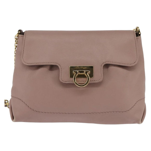 Salvatore Ferragamo Gancini Chain Shoulder Bag Leather Beige Gold Auth 145757