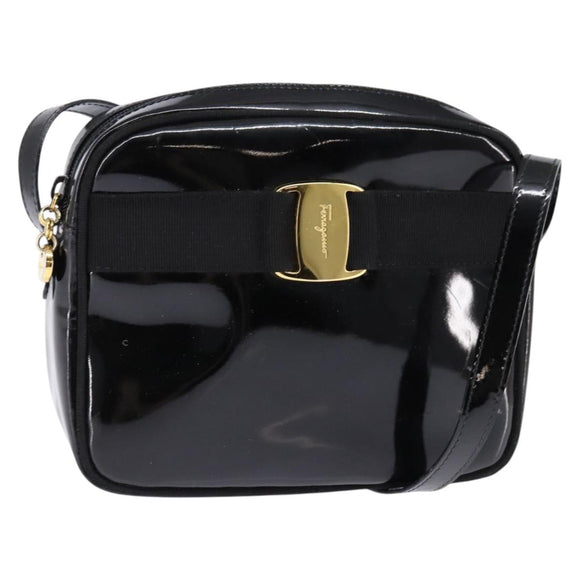 Salvatore Ferragamo Vala Shoulder Bag Enamel Black Gold Auth 145760