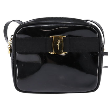 Salvatore Ferragamo Vala Shoulder Bag Enamel Black Gold Auth 145760 - 0