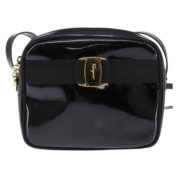 Salvatore Ferragamo Vala Shoulder Bag Enamel Black Gold Auth 145760