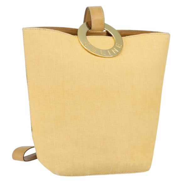 CELINE Circle Shoulder Bag Canvas Leather Beige Auth 145770