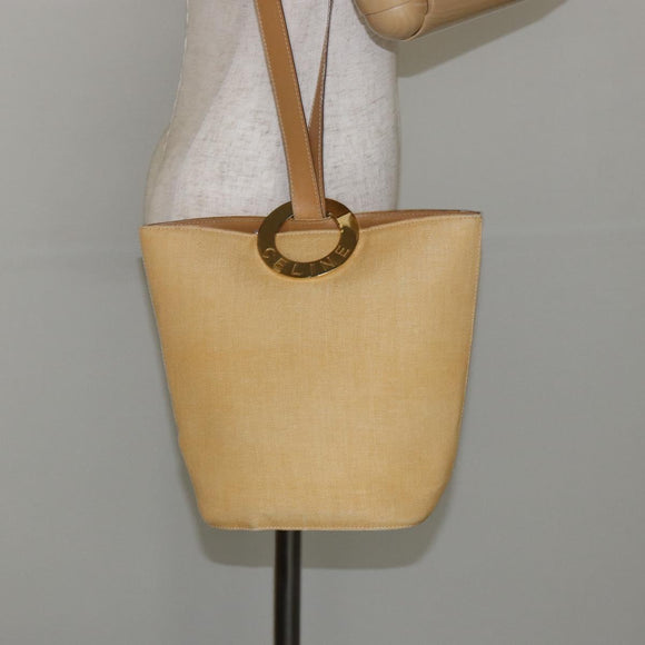 CELINE Circle Shoulder Bag Canvas Leather Beige Auth 145770