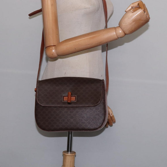 CELINE Macadam Canvas Shoulder Bag PVC Leather Brown Gold Auth 145772