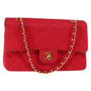 CHANEL Matelasse 25 Double Flap Chain Shoulder Bag Satin Red Gold CC Auth 145843-1