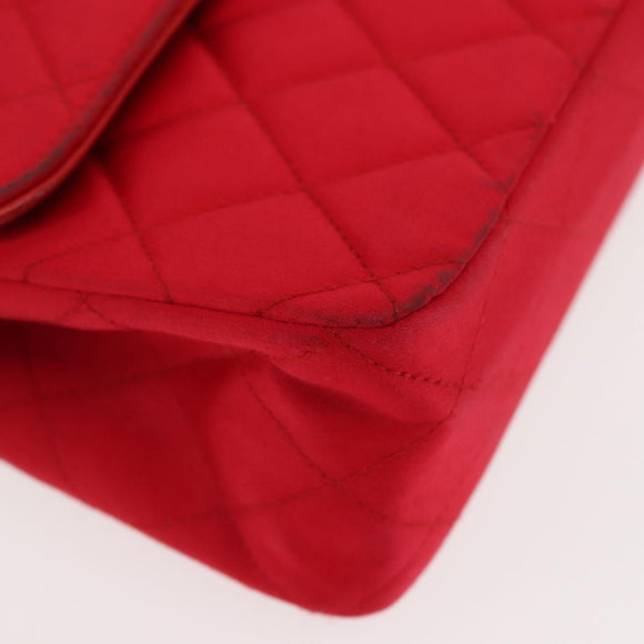 CHANEL Matelasse 25 Double Flap Chain Shoulder Bag Satin Red Gold CC Auth 145843