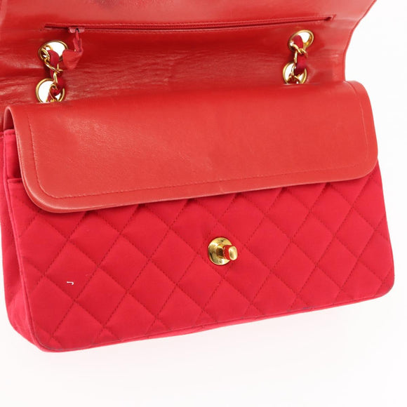 CHANEL Matelasse 25 Double Flap Chain Shoulder Bag Satin Red Gold CC Auth 145843