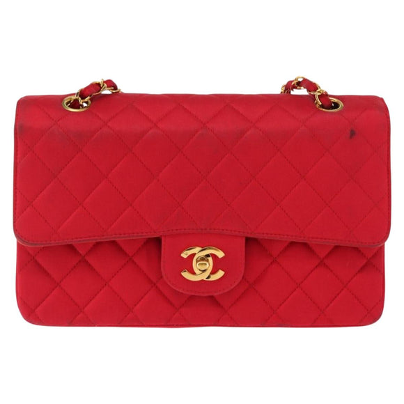 CHANEL Matelasse 25 Double Flap Chain Shoulder Bag Satin Red Gold CC Auth 145843