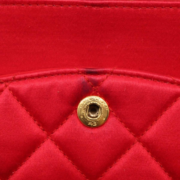 CHANEL Matelasse 25 Double Flap Chain Shoulder Bag Satin Red Gold CC Auth 145843
