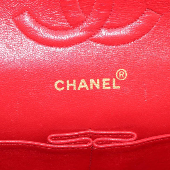 CHANEL Matelasse 25 Double Flap Chain Shoulder Bag Satin Red Gold CC Auth 145843