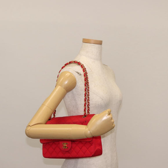 CHANEL Matelasse 25 Double Flap Chain Shoulder Bag Satin Red Gold CC Auth 145843