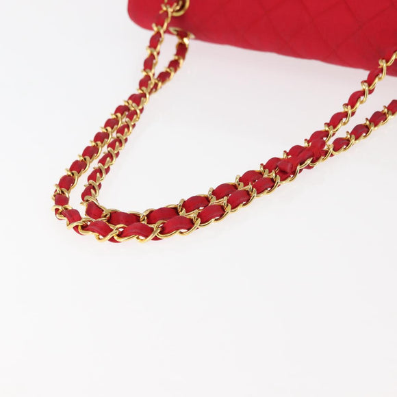 CHANEL Matelasse 25 Double Flap Chain Shoulder Bag Satin Red Gold CC Auth 145843
