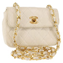 CHANEL Chain Mini Shoulder Bag Lamb Skin White Gold CC Auth 145844-1
