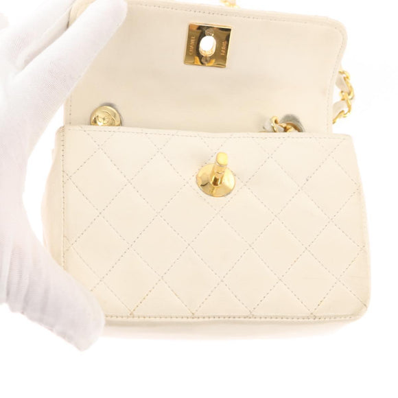 CHANEL Chain Mini Shoulder Bag Lamb Skin White Gold CC Auth 145844