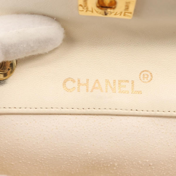 CHANEL Chain Mini Shoulder Bag Lamb Skin White Gold CC Auth 145844