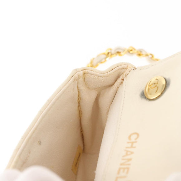 CHANEL Chain Mini Shoulder Bag Lamb Skin White Gold CC Auth 145844