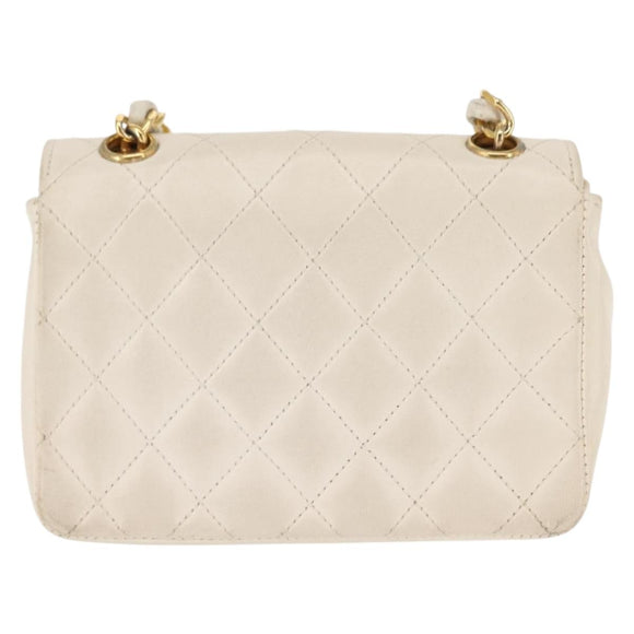 CHANEL Chain Mini Shoulder Bag Lamb Skin White Gold CC Auth 145844