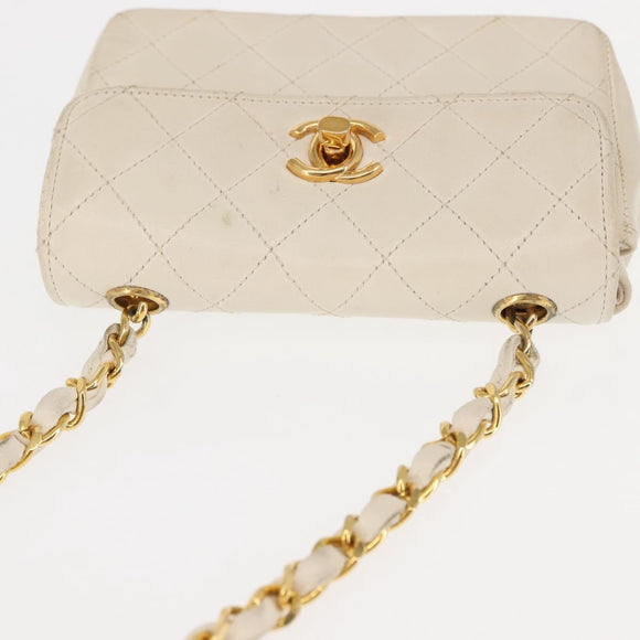 CHANEL Chain Mini Shoulder Bag Lamb Skin White Gold CC Auth 145844