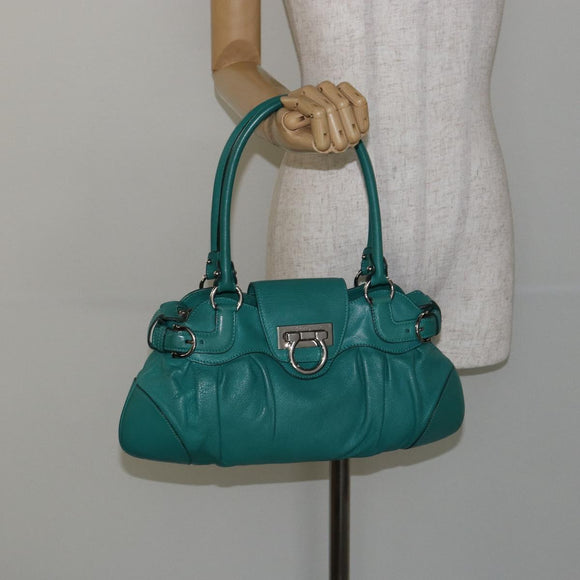 Salvatore Ferragamo Gancini Shoulder Bag Leather Green Silver Auth 145879