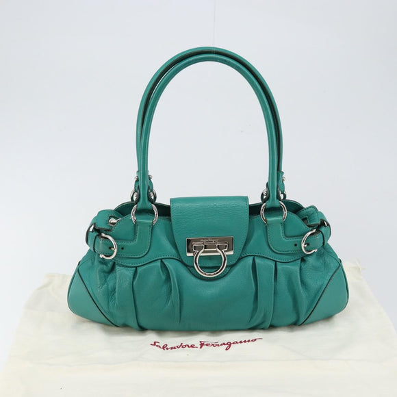 Salvatore Ferragamo Gancini Shoulder Bag Leather Green Silver Auth 145879