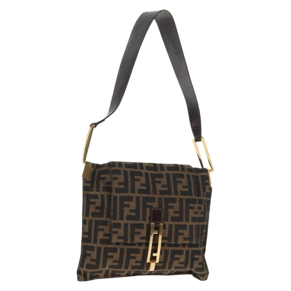 FENDI Zucca Canvas Mamma Baguette Shoulder Bag Black Brown gold Auth 145885V