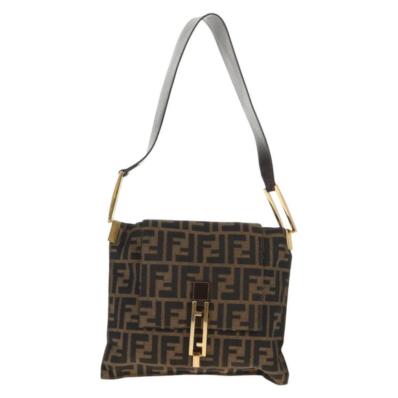 FENDI Zucca Canvas Mamma Baguette Shoulder Bag Black Brown gold Auth 145885V