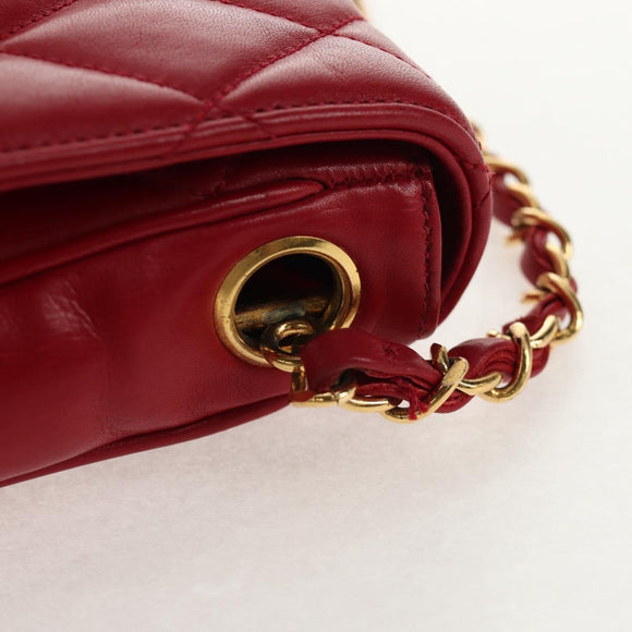 CHANEL Matelasse Chain Shoulder Bag Lamb Skin Red Gold CC Auth 145887A