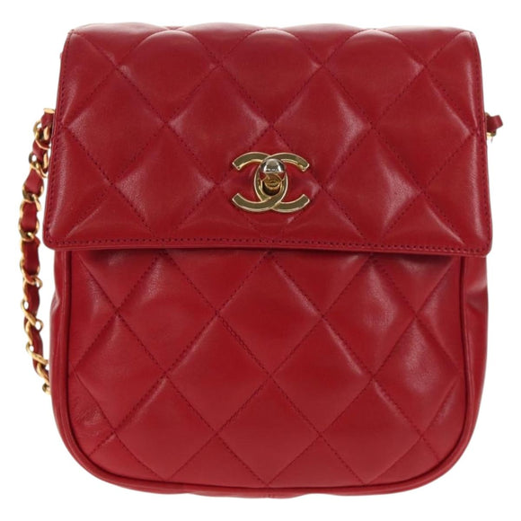 CHANEL Matelasse Chain Shoulder Bag Lamb Skin Red Gold CC Auth 145887A