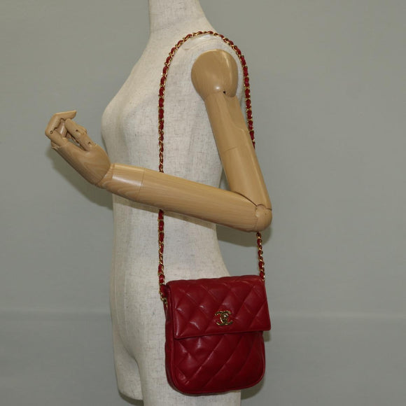 CHANEL Matelasse Chain Shoulder Bag Lamb Skin Red Gold CC Auth 145887A