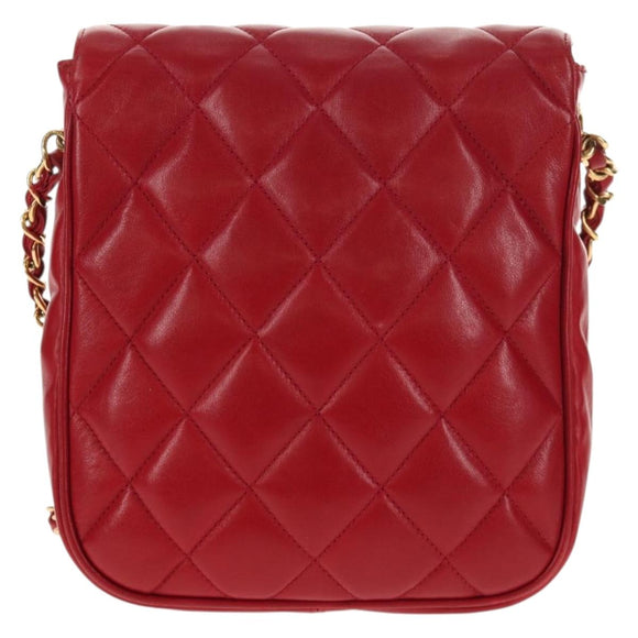 CHANEL Matelasse Chain Shoulder Bag Lamb Skin Red Gold CC Auth 145887A