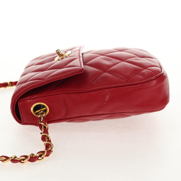CHANEL Matelasse Chain Shoulder Bag Lamb Skin Red Gold CC Auth 145887A