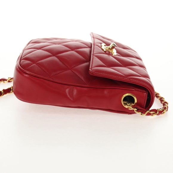 CHANEL Matelasse Chain Shoulder Bag Lamb Skin Red Gold CC Auth 145887A