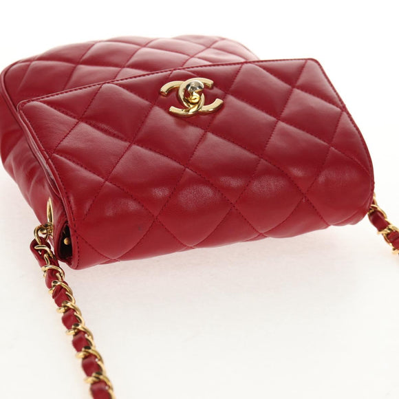 CHANEL Matelasse Chain Shoulder Bag Lamb Skin Red Gold CC Auth 145887A