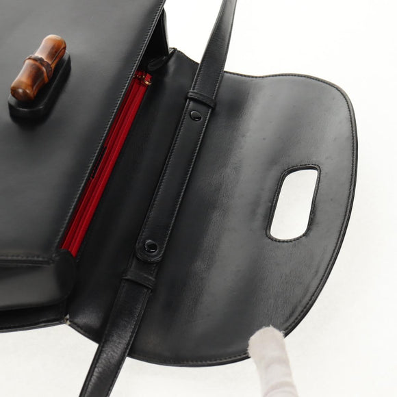 GUCCI Bamboo Hand Bag Leather 2way Black Gold 000 46 0063 Auth 145923A