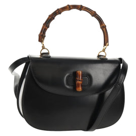 GUCCI Bamboo Hand Bag Leather 2way Black Gold 000 46 0063 Auth 145923V