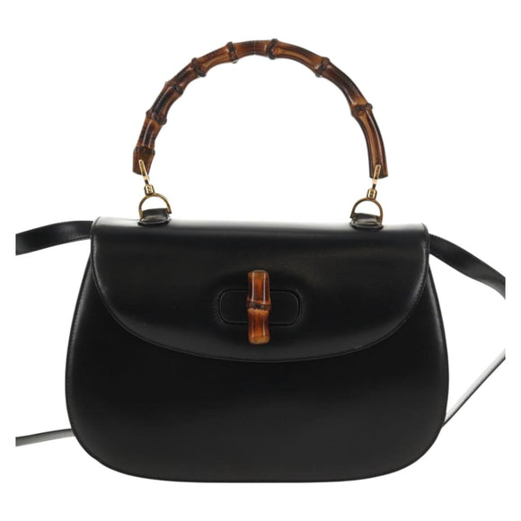 GUCCI Bamboo Hand Bag Leather 2way Black Gold 000 46 0063 Auth 145923A