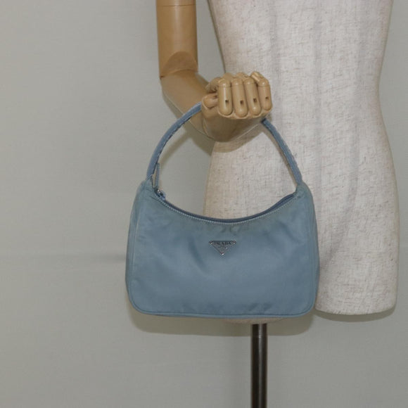 PRADA Hand Bag Nylon Light Blue Silver Auth 145937
