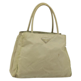 PRADA Tote Bag Nylon Beige Silver Auth 145938