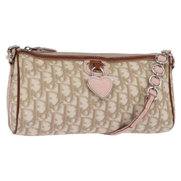 Christian Dior Trotter Canvas Romantic Shoulder Bag PVC Beige Silver Auth 145944