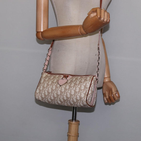 Christian Dior Trotter Canvas Romantic Shoulder Bag PVC Beige Silver Auth 145944