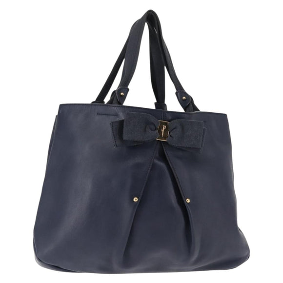 Salvatore Ferragamo Vala Tote Bag Leather Navy Gold Auth 145957