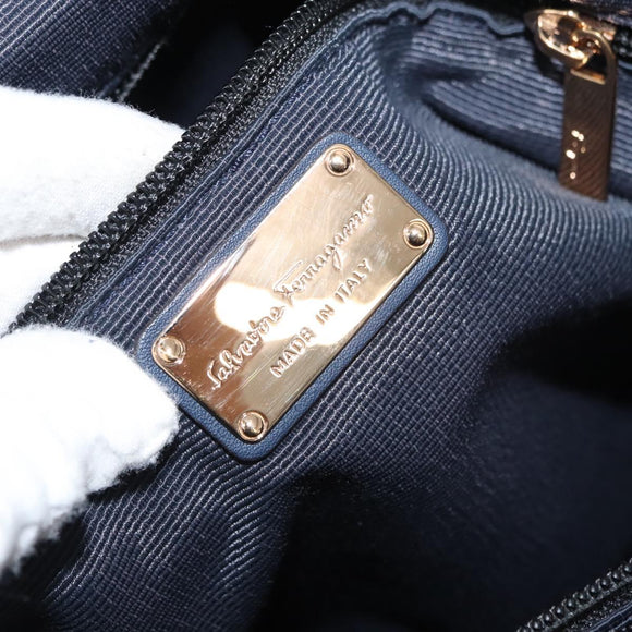 Salvatore Ferragamo Vala Tote Bag Leather Navy Gold Auth 145957