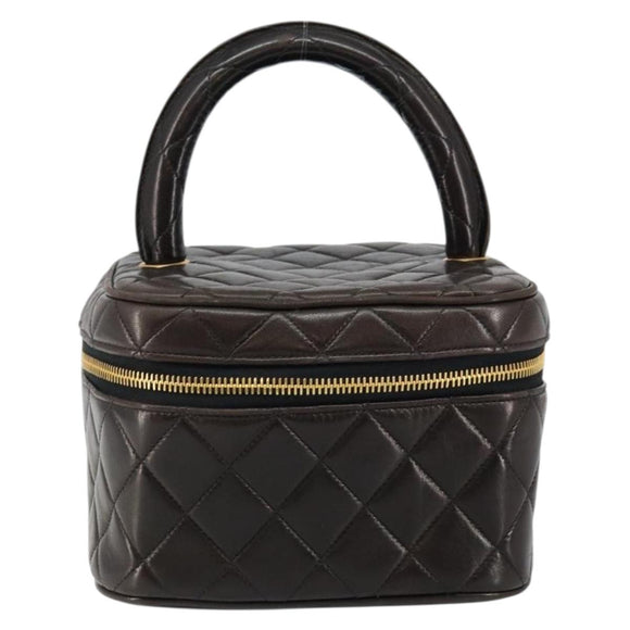 CHANEL Matelasse Vanity Pouch Lamb Skin Black Gold CC Auth 145958