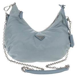 PRADA Chain Shoulder Bag Nylon Light Blue Silver Auth 145974M