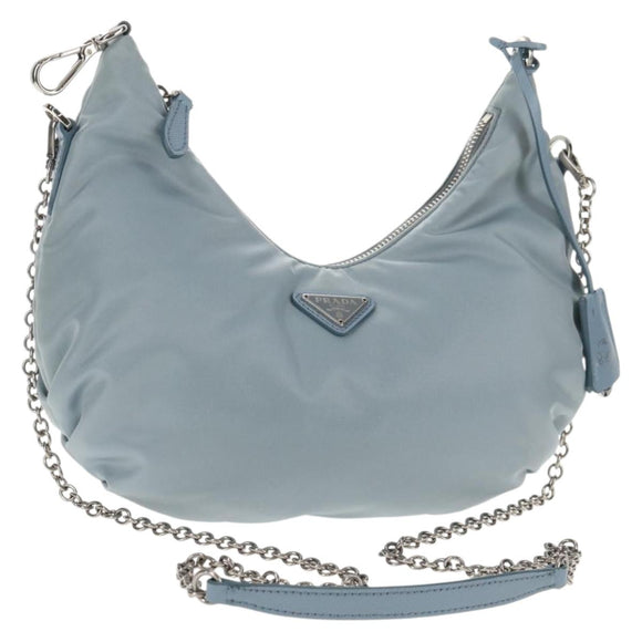PRADA Chain Shoulder Bag Nylon Light Blue Silver Auth 145974M