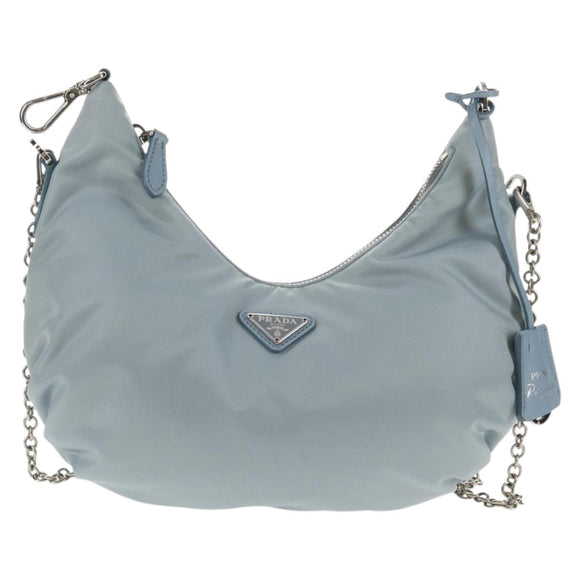 PRADA Chain Shoulder Bag Nylon Light Blue Silver Auth 145974M
