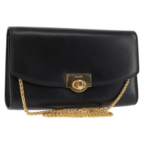 BALLY Chain Shoulder Bag Leather Black Gold Auth 145994