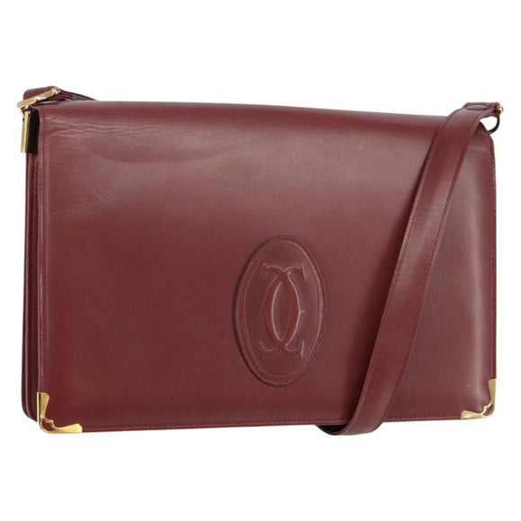 CARTIER Shoulder Bag Leather Bordeaux Gold Auth 145999
